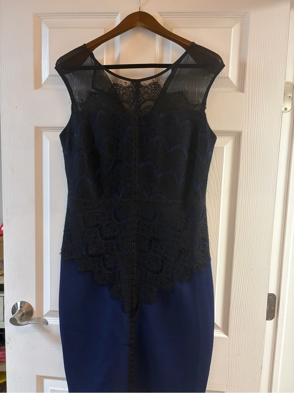 Signature by Sangria Navy Blue Dress with Black Lace Overlay